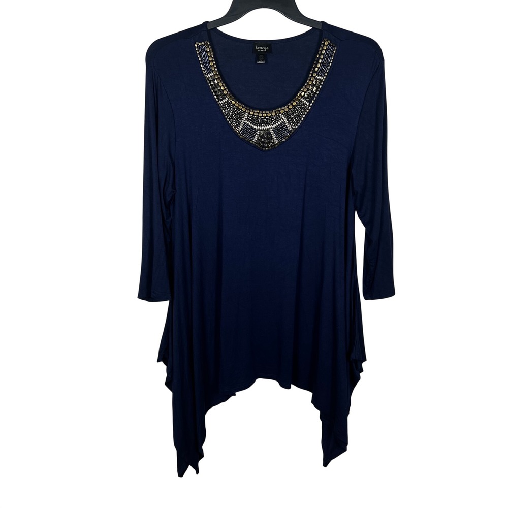 Lavanya Tunic Blouse Womens 2X Blue Solid Beaded Neck Sharkbite Hem‎ Top Stretch